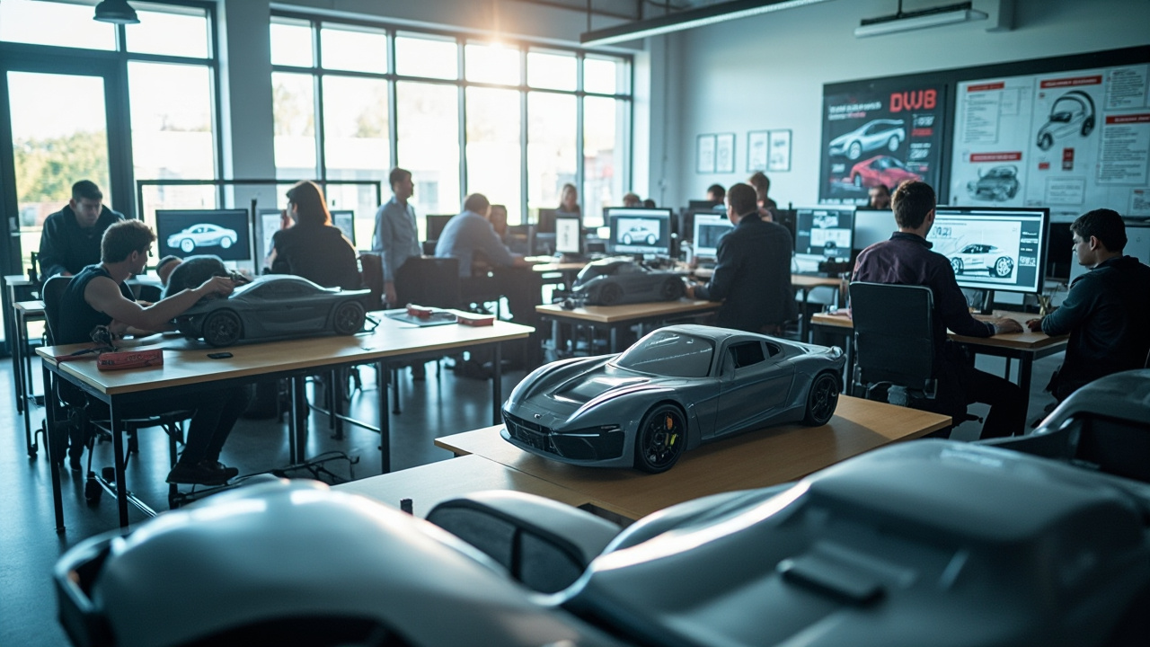 Voiture moderne avec un ingénieur en fond 
Ingénieur en auto devant un véhicule innovant