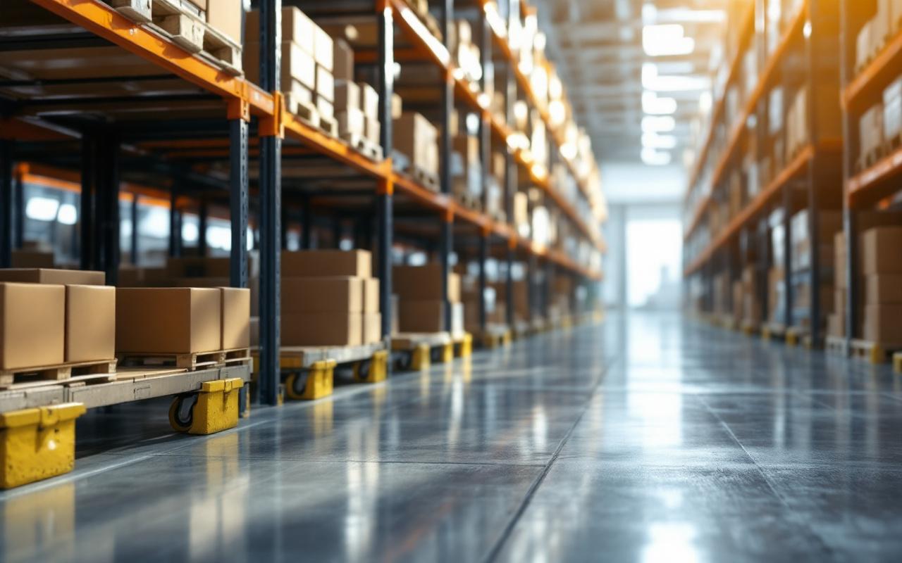 Allée d'entrepôt avec chariots alignés équipés de roulettes pivotantes en polyuréthane, rayonnages industriels et sol en béton, éclairage volumétrique doux du matin, tons gris froid et jaune chaud, texture nette des roues.