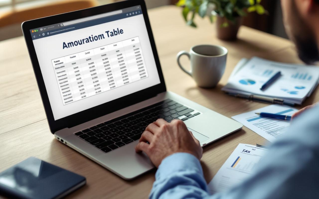 Comptable concentré examinant un tableau d'amortissement sur l'écran d'un ordinateur portable, formulaires fiscaux imprimés et calculatrice sur un bureau en bois, tasse de café à côté, éclairage matinal doux, ambiance professionnelle et naturelle.