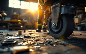 Ouvrier industriel inspectant des roulettes de grande capacité sur le sol d'un atelier, portant casque et gilet haute visibilité, outils et traces d'huile autour, lumière chaude rasante et rayons de poussière volumétriques.