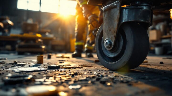 Ouvrier industriel inspectant des roulettes de grande capacité sur le sol d'un atelier, portant casque et gilet haute visibilité, outils et traces d'huile autour, lumière chaude rasante et rayons de poussière volumétriques.