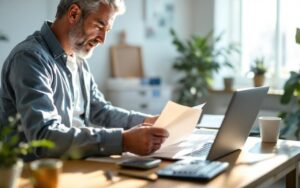 Un propriétaire calme triant des documents fiscaux à un bureau à domicile en bois, avec un ordinateur portable, une calculatrice, une tasse de café et une plante verte, baigné par une lumière douce provenant de la fenêtre.