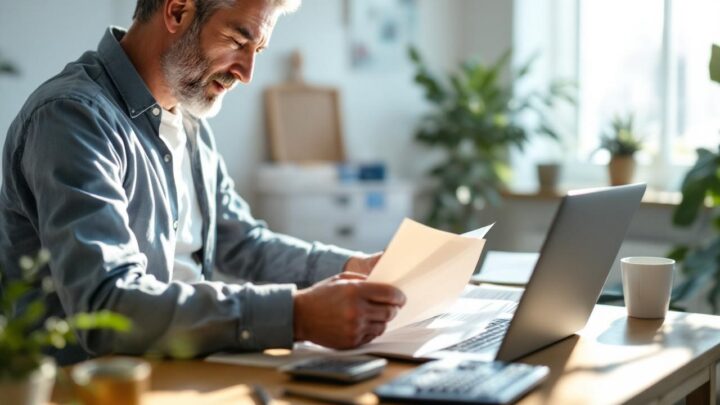 Un propriétaire calme triant des documents fiscaux à un bureau à domicile en bois, avec un ordinateur portable, une calculatrice, une tasse de café et une plante verte, baigné par une lumière douce provenant de la fenêtre.
