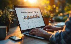 Photo réaliste d'un freelance utilisant le tableau de bord d'un logiciel de comptabilité sur un ordinateur portable, assis à un bureau en bois avec carnet et tasse de café, mains concentrées sur le clavier, lumière chaude de coucher de soleil et arrière-plan flou.