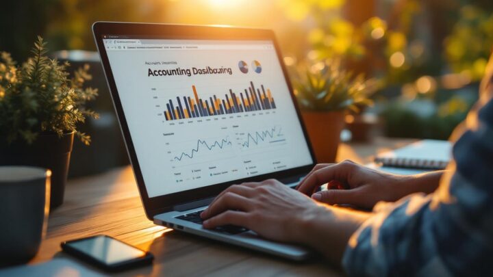 Photo réaliste d'un freelance utilisant le tableau de bord d'un logiciel de comptabilité sur un ordinateur portable, assis à un bureau en bois avec carnet et tasse de café, mains concentrées sur le clavier, lumière chaude de coucher de soleil et arrière-plan flou.