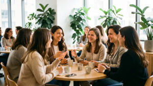 Groupe diversifié de femmes et d’hommes échangeant avec le sourire lors d’un événement d’entreprise chaleureux dans un espace lumineux rempli de plantes.
