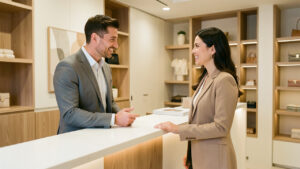 Boutique moderne et accueillante où un vendeur conseille chaleureusement une cliente près d’un comptoir soigné.
