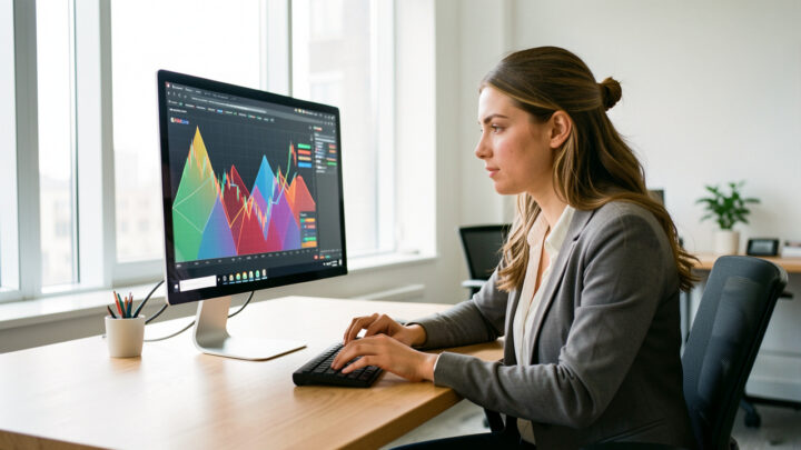 Jeune dirigeante de startup analysant des graphiques abstraits sur un ordinateur dans un bureau moderne et lumineux.