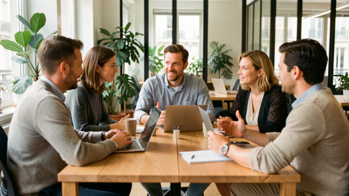Un entrepreneur parisien échange avec trois conseillers autour d’une table dans un espace de coworking lumineux et moderne.