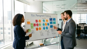 Équipe d’entreprise québécoise réunie autour d’un tableau visuel de gestion des risques dans un bureau moderne et lumineux.