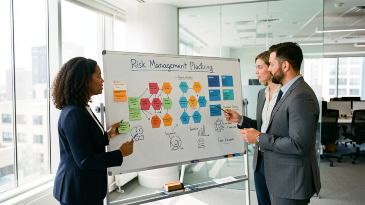 Équipe d’entreprise québécoise réunie autour d’un tableau visuel de gestion des risques dans un bureau moderne et lumineux.