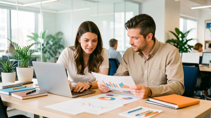 Une équipe marketing composée de deux femmes et d’un homme analyse des graphiques colorés dans un bureau moderne et lumineux.