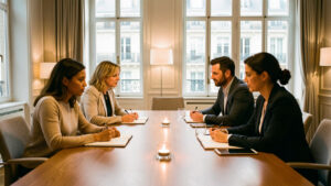 Une équipe composée de deux femmes et deux hommes échange autour d’une table lumineuse dans une salle de séminaire parisienne à l’ambiance collaborative.