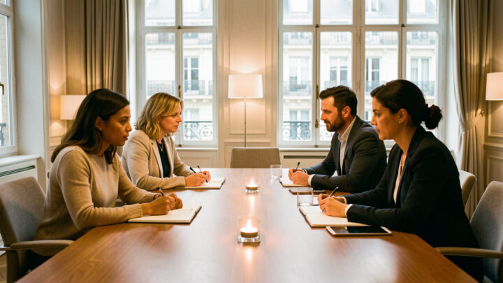 Une équipe composée de deux femmes et deux hommes échange autour d’une table lumineuse dans une salle de séminaire parisienne à l’ambiance collaborative.