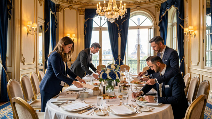Une femme et un homme organisent un événement d’entreprise dans une élégante salle parisienne, avec une vue discrète sur la tour Eiffel.