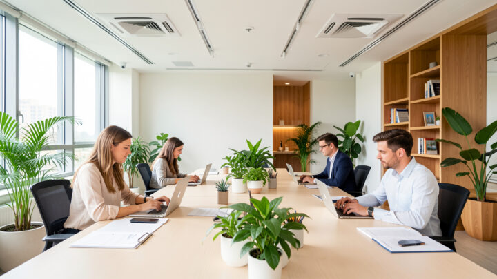 Bureau moderne et lumineux avec des plantes vertes, quatre collaborateurs travaillant ensemble et une ventilation discrètement intégrée au plafond.