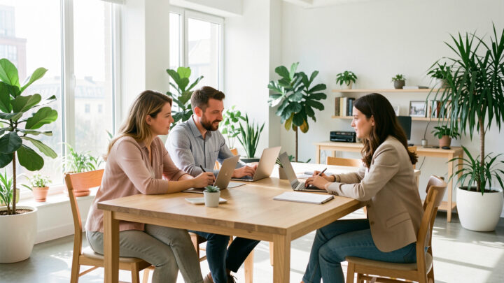 Bureau moderne et lumineux avec un homme et deux femmes en collaboration, des plantes vertes et de grandes fenêtres ouvertes.