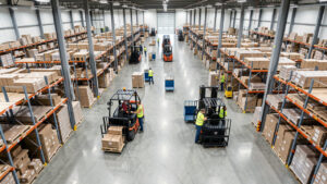 Entrepôt moderne vu en hauteur, avec des équipes en gilets de sécurité et des chariots circulant dans des allées logistiques soigneusement organisées.