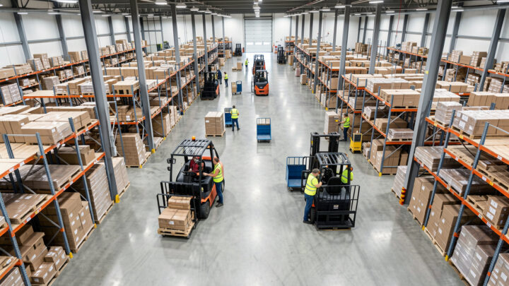 Entrepôt moderne vu en hauteur, avec des équipes en gilets de sécurité et des chariots circulant dans des allées logistiques soigneusement organisées.