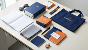 Table de travail présentant des brochures vierges, des échantillons textiles, des emballages et divers objets promotionnels coordonnés dans des tons bleu profond, blanc et orange.