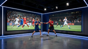 Plateau de télévision sportive moderne et sombre, avec de grands écrans montrant un match de football français et deux athlètes dans un échange de MMA encadré, sous un éclairage bleu dynamique.