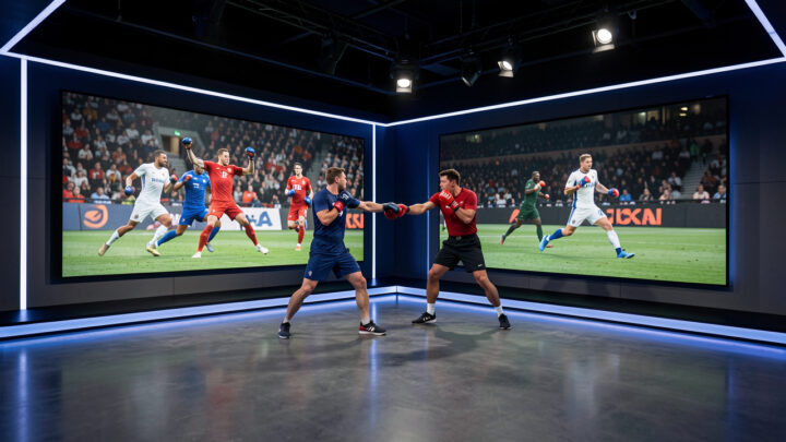 Plateau de télévision sportive moderne et sombre, avec de grands écrans montrant un match de football français et deux athlètes dans un échange de MMA encadré, sous un éclairage bleu dynamique.